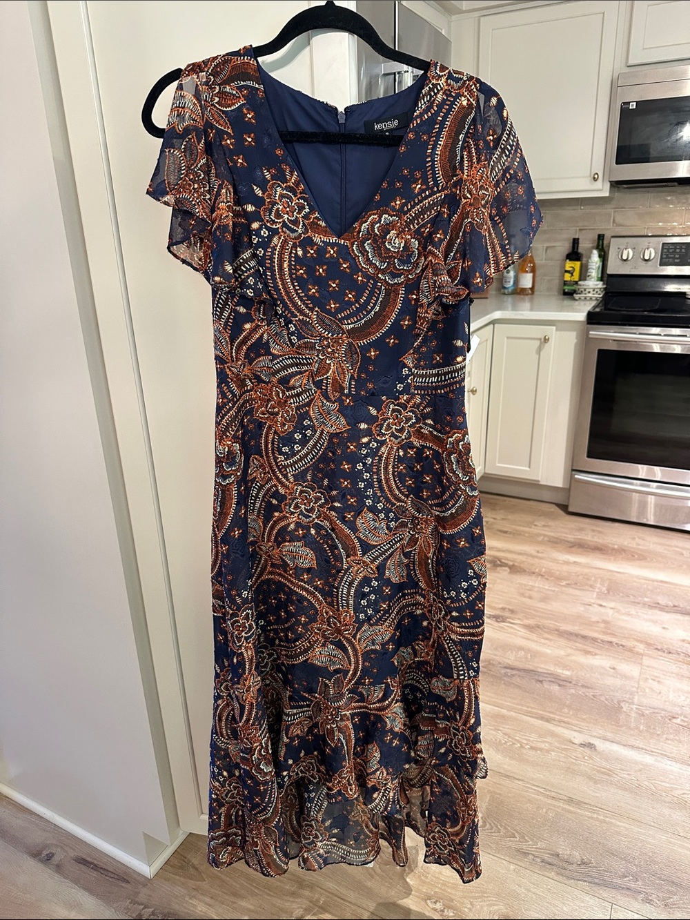 Kensie Navy & Rust Paisley V-Neck Ruffle Midi Dress
